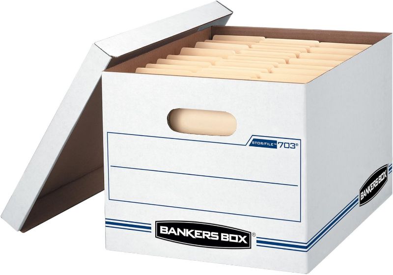 Photo 1 of BANKERS BOX STOR/FILE Storage Boxes, Standard Set-Up, Lift-Off Lid, Letter/Legal, 4 Pack (0070308)