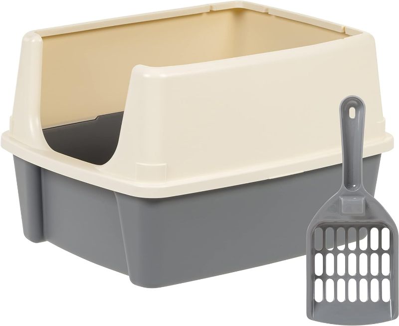 Photo 1 of Amazon Basics Tall Open Top Cat Litter Box with High Sides and Scoop, 19 x 15 x 11.75 inches, Grey/Beige