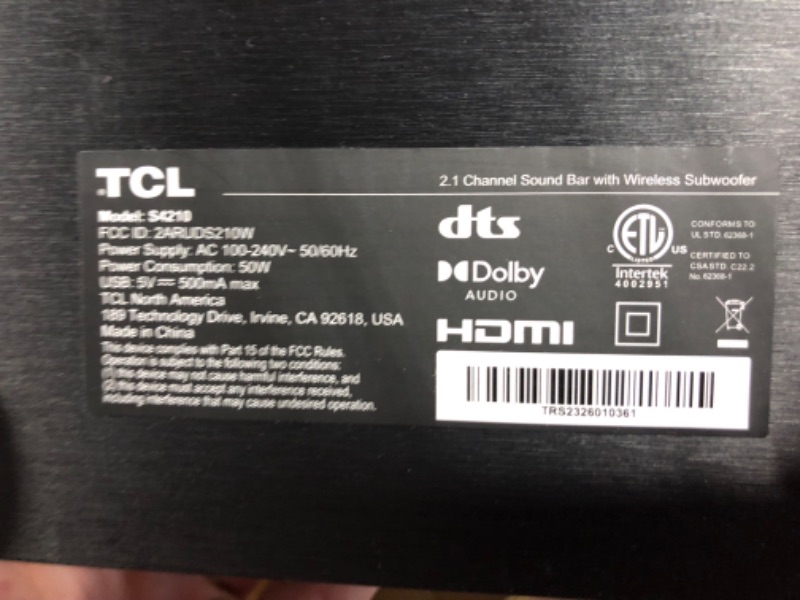 Photo 6 of TCL 2.1ch Sound Bar with Wireless Subwoofer (S4210, 2023 Model), Dolby Audio, DTS Virtual:X, Bluetooth, Voice Assistant Input, Wall Mount and HDMI Cable Included