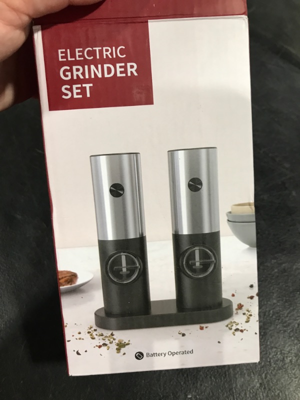 Photo 3 of 2Pack Electric Salt and Pepper Grinder Set, Automatic Refillable Stainless Steel Spice Mill Battery Operated, With LED Light, Adjustable Coarseness and One Hand Auto Operation, Kitchen Gadgets
