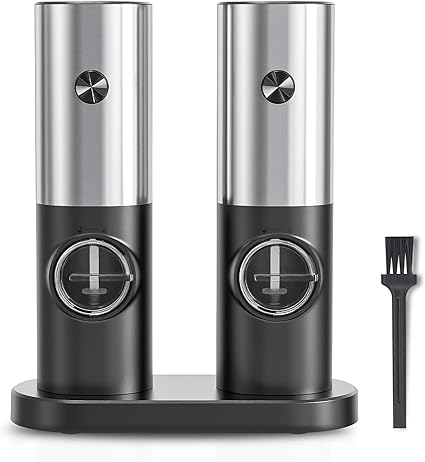 Photo 1 of 2Pack Electric Salt and Pepper Grinder Set, Automatic Refillable Stainless Steel Spice Mill Battery Operated, With LED Light, Adjustable Coarseness and One Hand Auto Operation, Kitchen Gadgets
