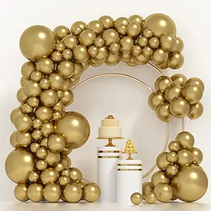 Photo 1 of  Chrome Gold Balloons Garland, 100 PCS 5+12+18inch Metallic Gold Balloon Different Sizes Latex Party Balloon Arch for Birthday Graduation Baby Shower Wedding Decoration
