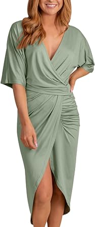 Photo 1 of Hestenve Womens Sexy V Neck Short Sleeve Tight Ruched Dress Summer Slit Hem Wrap Bodycon Dress SIZE M