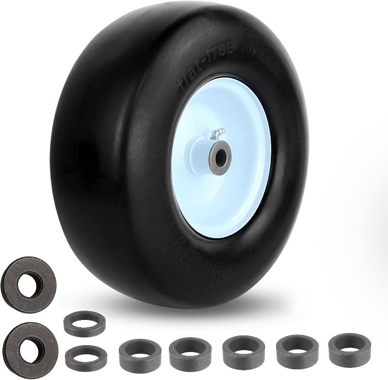 Photo 1 of 13X5.00 pair of Wheels Upgrade 13x5.00-6 Flat Free Lawn Mower Tire and Wheel with 3/4" & 5/8" Grease Bushing, Zero Turn Mower Front Solid Tire Assembly for Commercial Grade Lawn, Garden Turf, 3.25"-5.9" Centered Hub
