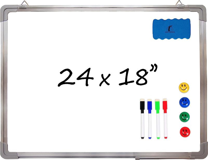 Photo 1 of Whiteboard Set - Dry Erase Board 24 x 18" with 1 Magnetic Dry Eraser, 4 Dry Wipe Markers and 4 Magnets - Small White Hanging Message Scoreboard for Home Office School (24x18" Landscape)
