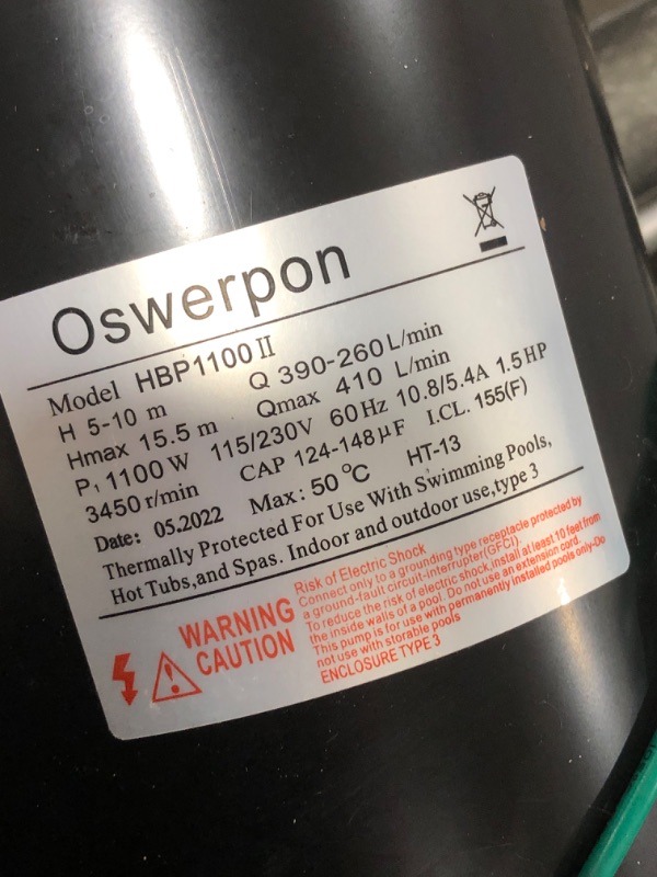 Photo 4 of Oswerpon 1.5 HP High Pressure Self Priming Pool Pump Dual Voltage Inground/Above Ground Swimming Pool Pump with Strainer Basket and Drain Plug 1100W 60HZ Silent Operation. 1.5hp