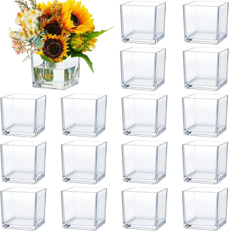 Photo 1 of  16 Pieces Square Glass Vases Bulk Cube Flower Vase Clear Square Candle Holders Small Glass Flower Container Plant Terrarium for Wedding Centerpieces Office Home Decor Party Event (3.94 x 3.94 Inch) 