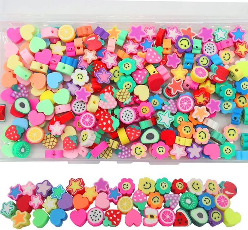 Photo 1 of AWEELON 200Pcs Mixed Smile Face Heart Star Fruit Polymer Clay Beads with 2 Rolls Elastic Crystal String Cord for Jewelry Making 