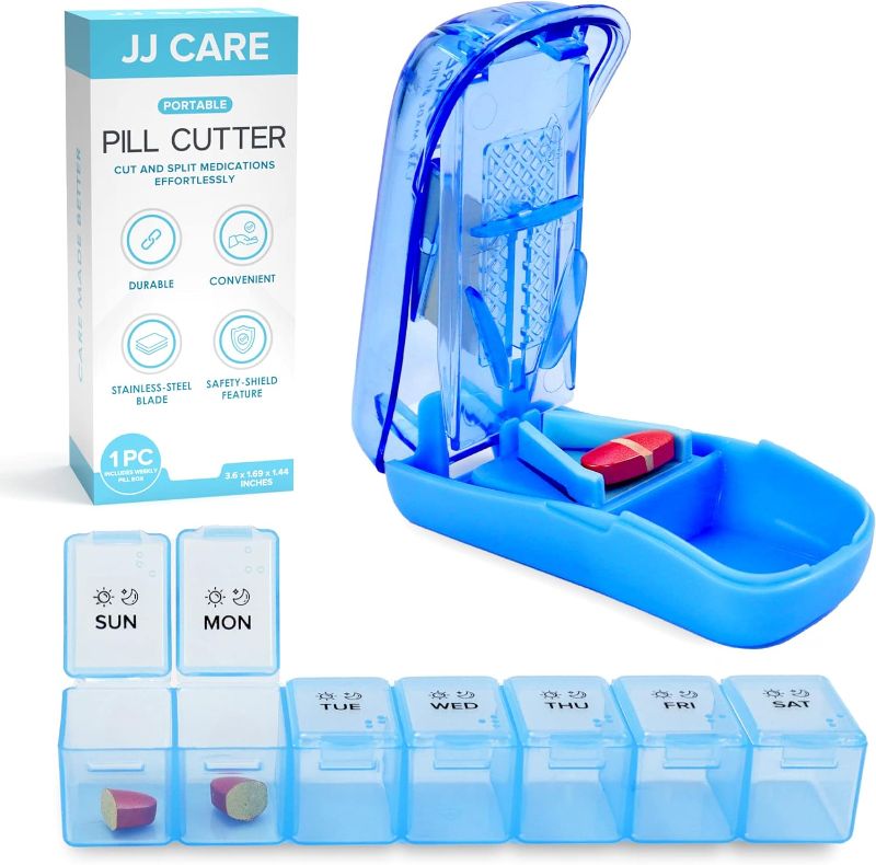 Photo 1 of 2 PACK- JJ CARE Prescription Pill Cutters for Small or Large Pills - Stainless Steel Blade Pill Splitter Cutter, Tablets & Vitamins - Weekly Pill Slicer Box Organizer with Safety Shield Feature