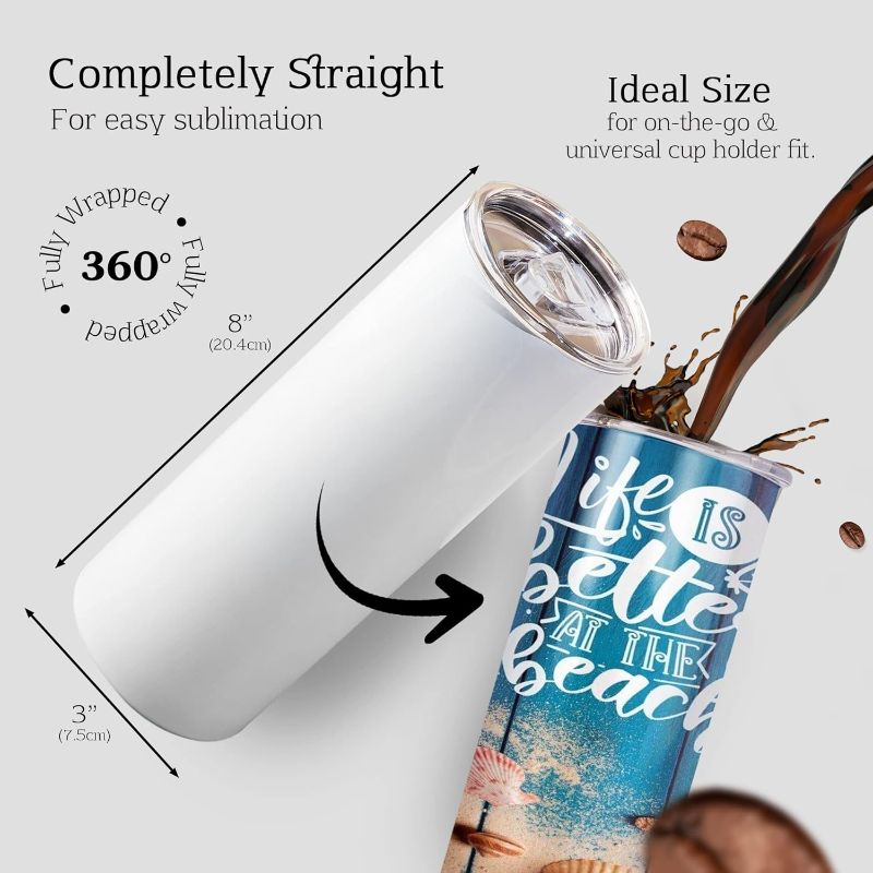 Photo 1 of 2pack sublimation tumblers 20oz skinny double wall insulated stainless steel, lid straw, heat press bulk sublimation blanks ,travel mug giftable sets. White C-10