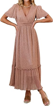 Photo 1 of Amegoya Women's Fall Wedding Guest Maxi Dress Wrap V Neck Glitter Long Dress Flutter Sleeve Sparkly Sequin Bridesmaid Dress SIZE MEDIUM PINK