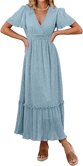 Photo 1 of Amegoya Women's Fall Wedding Guest Maxi Dress Wrap V Neck Glitter Long Dress Flutter Sleeve Sparkly Sequin Bridesmaid Dress SIZE LARGE, BLUE