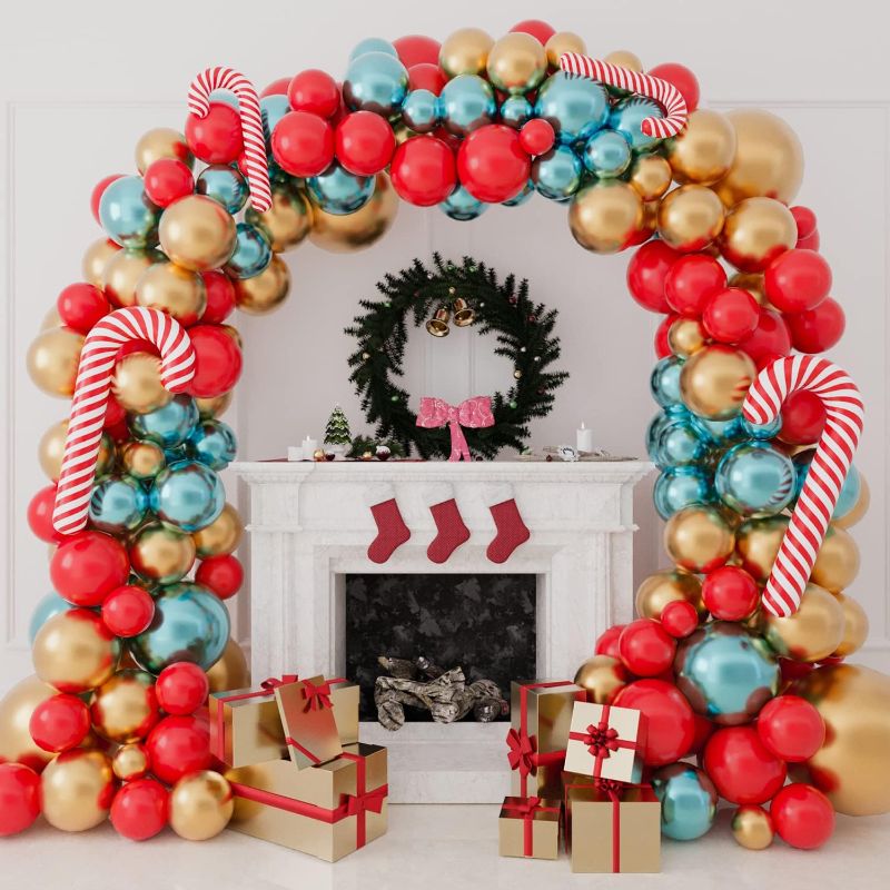 Photo 1 of 2 PACK- YSF 137PCS Christmas Balloon Arch Garland Kit Double-stuffed Red Green Balloons Mylar Candy Cane Decor for Christmas Birthday Xmas Party Decorations