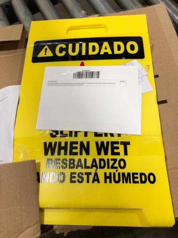 Photo 2 of MATTHEW CLEANING 19'' Industrial Wet Floor Sign 3 Pack 2-Sided Durable Corrugated Plastic Birght Yellow Multilingual Warning Signs Commercial Caution Wet Fold-out Floor Signs For Indoors Light Yellow 19''x12'' 3Pack