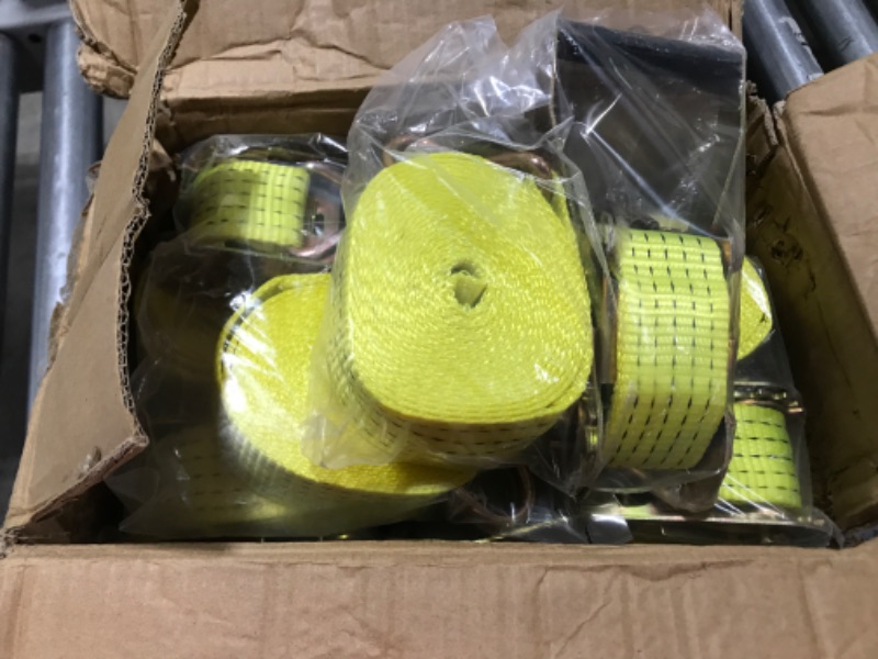 Photo 2 of 8 Pack 2 Inch x 15 ft Ratchet Tie Down Straps Heavy Ratchet Straps Up to 5000lbs Strength Cargo Straps with J Hooks for Moving Appliances Trailers Lawn Equipment Motorcycle Trucks(Yellow)