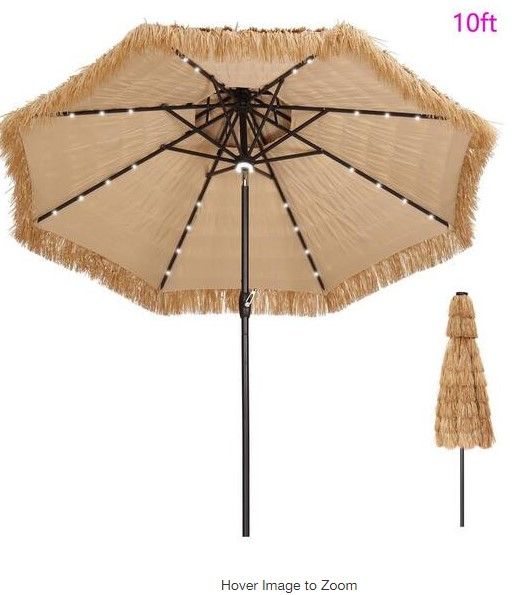 Photo 1 of 10 ft. 2-tier Palapa Thatched Patio Aluminum Lighted Beach Umbrella in Brown
