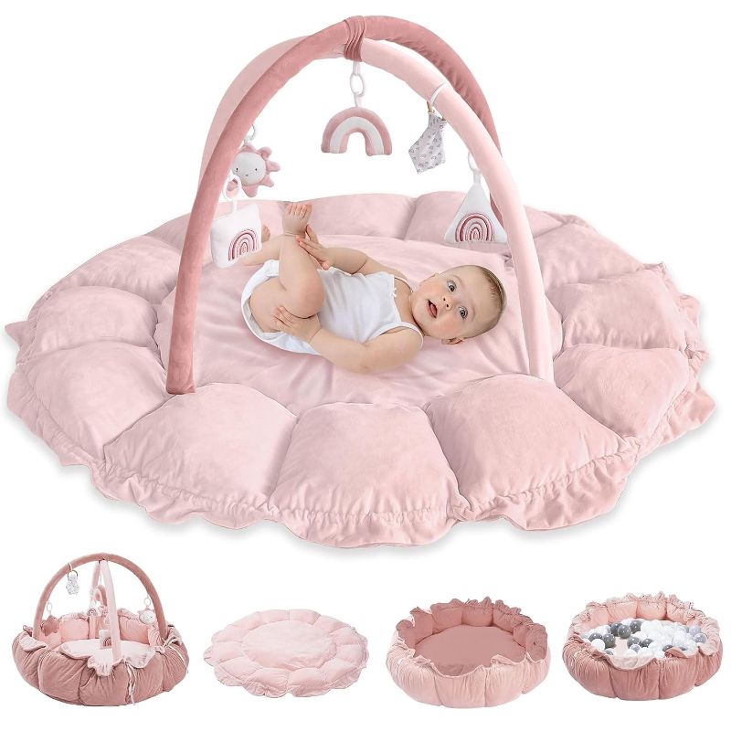 Photo 1 of 5-in-1 Convertible Baby Play Gym with 6 Toys, Tummy Time Mat for Sensory Development, Baby Activity Center from Newborn to Toddler, Ball Pit, Cat & Dog Bed, Soft Plush Pet Bed, Pink
