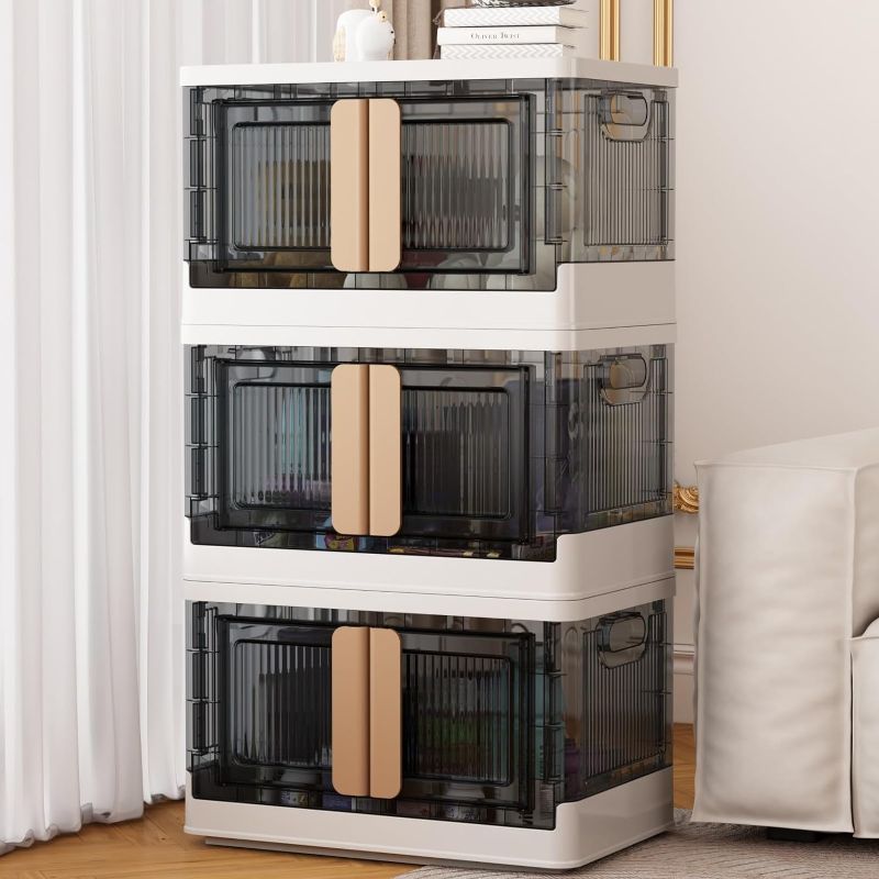 Photo 1 of 3 Packs Plastic Storage Bins with Lids, Door - 34Qt Large Folding Stackable Storage Box with Wheels, Closet Organizers, Office Supplies for Work, Grey
