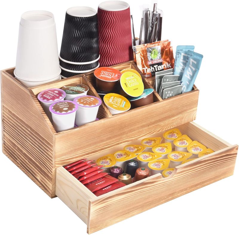 Photo 1 of Coffee Station Organizer with Coffee Pod Drawer, Wooden Coffee Bar Organizer for Countertop, Tea Bag Organizer, Coffee Bar Accessories for Guest Room, Burnt Wood Brown
