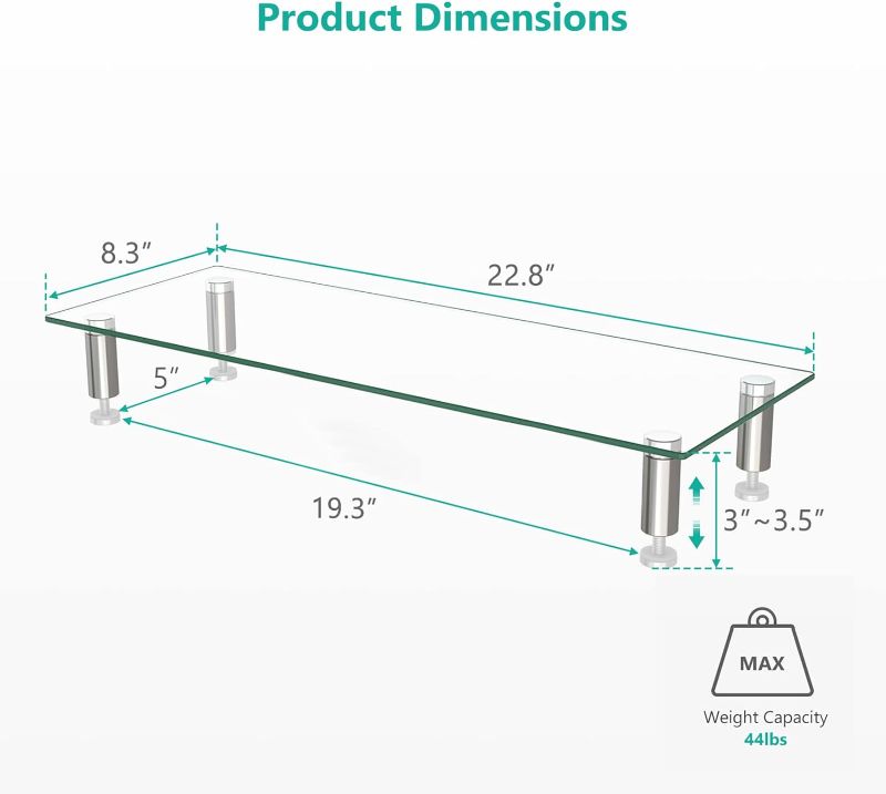 Photo 1 of WALI Rectangular Tempered Glass Monitor Riser Desktop Stand Height Adjustable Table Top for Flat Screen LCD LED TV, Laptop, Notebook, and Display, 23 X 8 inch (GTT002), Clear
