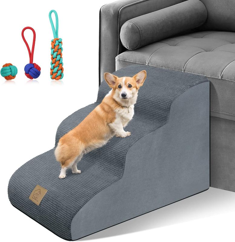 Photo 1 of 3-Tiers Foam Dog Stairs for Old Small Dogs Easy Access,High Density Foam Steps Stairs for Indoor,Dog Stairs Ladder Ramp Non Slip for High Sofa Bed Couch,Holds up to 60 lbs,Send 3 pcs Lint Roller Set Light Grey
