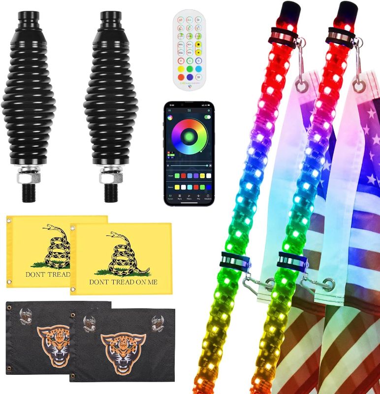 Photo 1 of  2 Pack 4FT Whip Lights with Spring Base, LED Whip Light with App & Remote Control, Spiral RGB Chasing Lighted Antenna Whips, Music Whip Light for UTV ATV RZR Can-Am SXS Polaris Offroad Truck Yellow flag and American Flag
