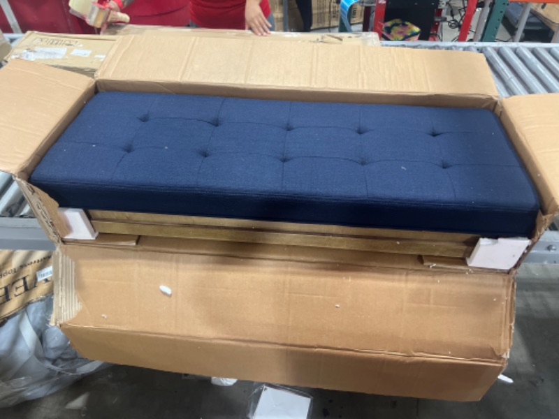 Photo 2 of 24KF Large Rectangular Upholstered Tufted Linen Fabric Ottoman Bench, Padded Bench with Solid Wood Shelf-Navy Blue Bench with shelf Navy Blue-bench