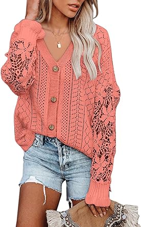 Photo 1 of AlvaQ Womens Lightweight Lace Crochet Cardigan Sweater Kimonos Casual Oversized Open Front Button Down Knit Outwear --MED