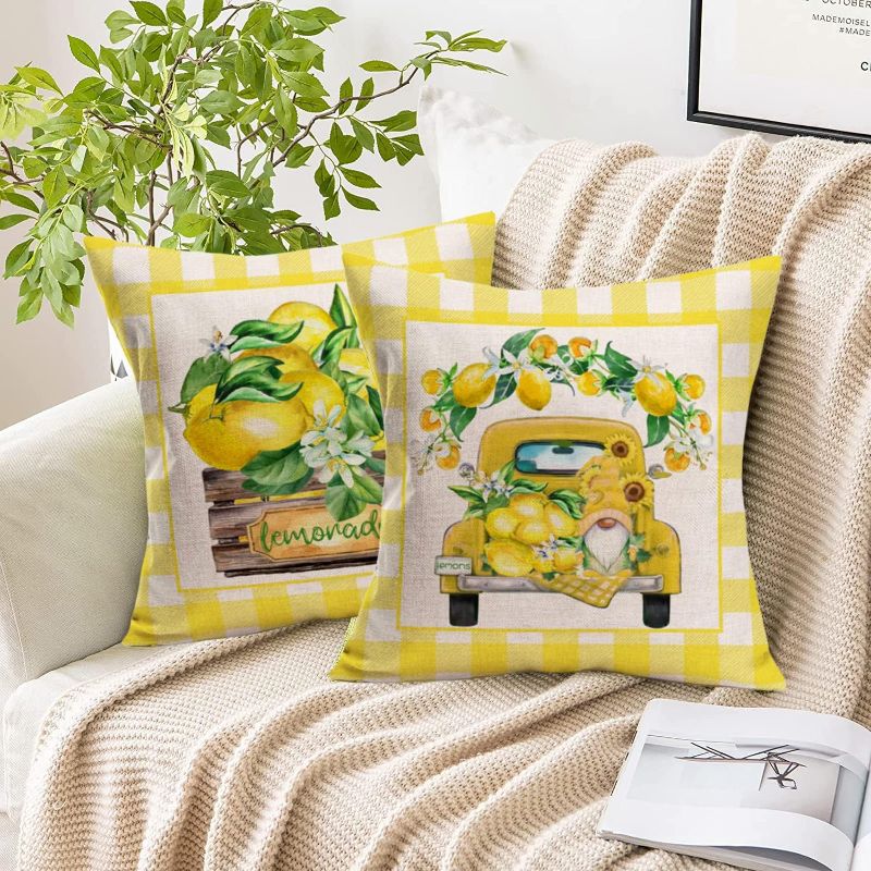 Photo 1 of Yameeta Spring Summer Gnomes Tuck Lemon Yellow Pillow Covers 20x20 Summer Hello Lemon Sweet Time Throw Pillow Case Set of 4 Buffalo Plaid Stripe Cushion Covers Cases for Home Couch Outdoor Decorations https://a.co/d/gcFfn1r