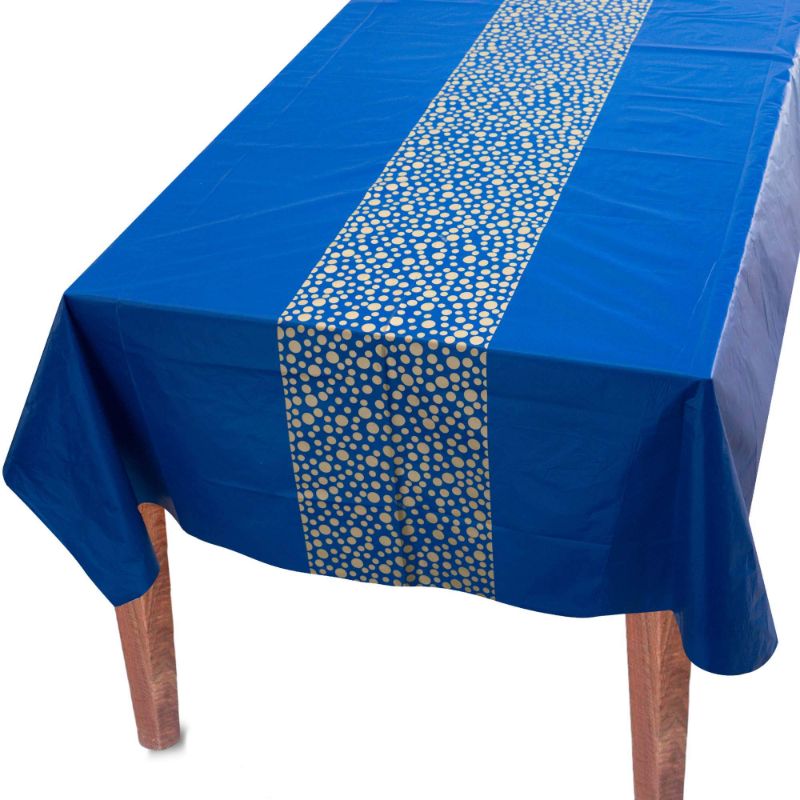 Photo 1 of ZULADISE 2 Pack Blue Table Cloths for Parties Disposable Blue Plastic Tablecloth Premium Blue and Gold Tablecloth 8ft Blue Table Cover for Birthday Graduation Party Tablecloth for Rectangle Tables