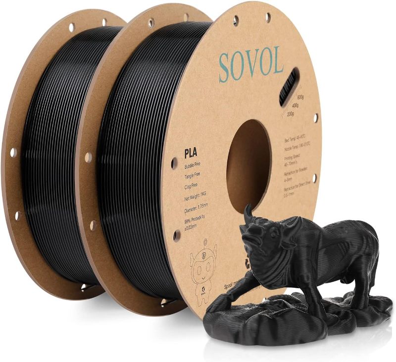 Photo 1 of Sovol 3D Printer PLA Filament 2kg (4.4 lbs) Spool Printing Materials, Wiring Tightness, Dimensional Accuracy +/- 0.03 mm, 1.75 mm, Black 2 Rolls Black + Black