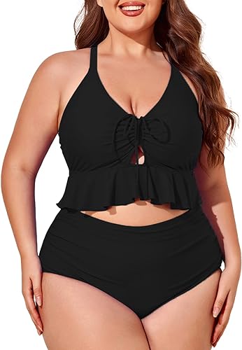 Photo 1 of [Size 14Summer Mae Women Plus Size Two-Piece Swimsuit Ruffle High Waisted Bikini Flounce Tummy Control Bathing Suit Swimwear Beige Beach Ditsy 14 Plus