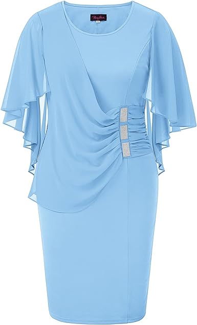 Photo 1 of [Size M] Hanna Nikole Women's Plus Size Chiffon Ruffle Flattering Cape Sleeve Bodycon Pencil Dress Shimmer Small Sparkle- Light Blue