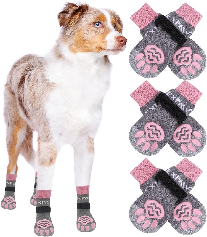 Photo 1 of [Size L] EXPAWLORER Double Side Anti-Slip Dog Socks - Dog Shoes for Hot Pavement, 3 Pairs Soft and Breathable Non-Slip Paw Protection, Better Traction Control for Indoor Hardwood Floor
