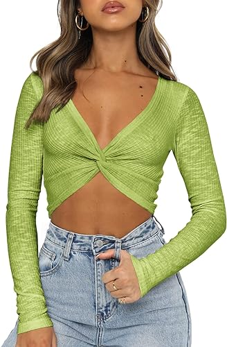 Photo 1 of [Size L] Butgood Women's V Neck Long Sleeve Crop Top 2023 Fall Twist Knot Front Going Out Shirt Tops