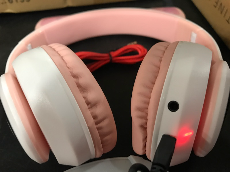 Photo 2 of TCJJ Kids Wireless Headphones Cat Ear LED Light Up Bluetooth Foldable Headphones Over Ear w/Microphone for Online Distant Learning (Pink)