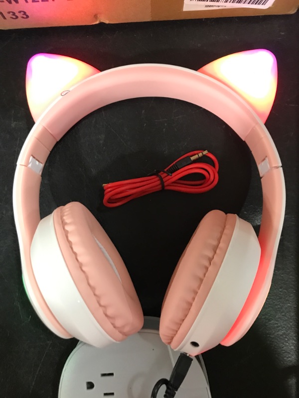 Photo 3 of TCJJ Kids Wireless Headphones Cat Ear LED Light Up Bluetooth Foldable Headphones Over Ear w/Microphone for Online Distant Learning (Pink)