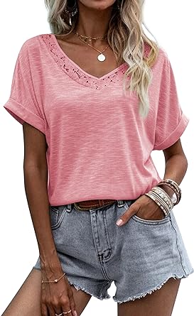 Photo 1 of ZIWOCH Women's Summer Short Sleeve Shirts Casual Lace Trim V Neck Loose Fit Tops Tee Tshirts 