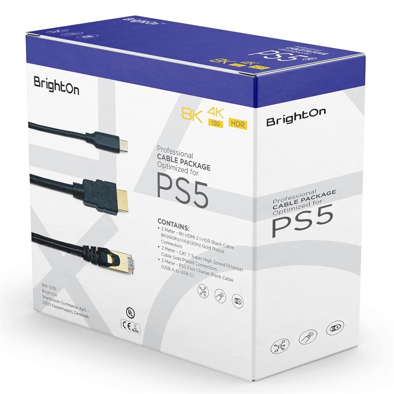 Photo 1 of Brighton Optimized Cable Package Compatible with PS5 | 8K HDMI 2.1 HDR Black Cable 8K@60Hz/4K@120Hz | CAT 7 Super High Speed Ethernet Cable | Fast Charge Black Cable (USB A to USB C) (2 Meter Cables) 