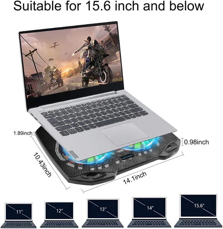 Photo 1 of Laptop Cooling Pad, Gaming Laptop Cooler with 2 Quiet Big Fans, RGB 7 Color Light Change, Portable USB Laptop Stand 11 to 15.6 Inch, Slim and Easy Carry Working Study Outdoor Travel, 2020
