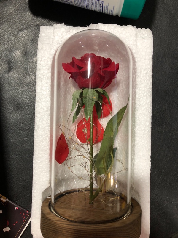 Photo 2 of Beauty and The Beast Rose Artificial Flower Red Rose Gift,Lasts Forever in a Glass Dome?Unique Romantic Gifts for Mum's Wife's Girlfriend on Mother's Day Birthday Valentine's Day Anniversary Brown Base