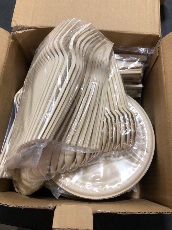 Photo 2 of 250 Piece Compostable Paper Plates Set with Extra Long Utensils, Sugarcane Fibers Disposable Dinnerware Set, Eco Friendly Biodegradable Plates, Cups, Spoons, Fork for Party, Camping, Picnic 