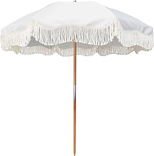 Photo 1 of AMMSUN 7ft Patio Umbrella with Fringe Outdoor Yard Umbrella UPF50+ Wood Color Steel Pole and Steel Ribs Push Button Tilt- WHITE