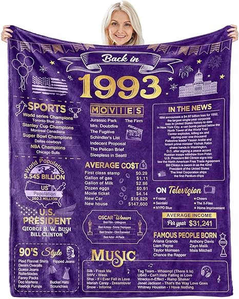 Photo 1 of 30th Birthday Gifts for Women Men Blanket 1993 30th Birthday Anniversary Weeding Decorations Turning 30 Year Old Bday Gift Idea for Wife Husband Girlfriend Boyfriend Back in 1993 Blanket 60Lx50W Inch 