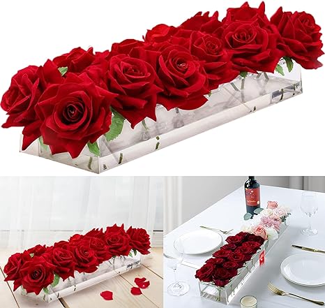 Photo 1 of  Flower Vase Acrylic Rectangular Floral Centerpiece for Dining Table, 12 Inches Long Rectangle Decorative Modern Vase for Weddings Home Decor Dining Table (Clear,12 Inch) 