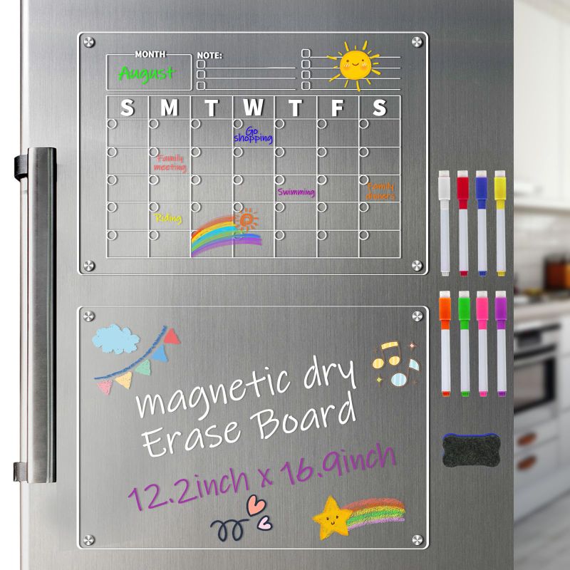 Photo 1 of DaoFary 2 Pack Acrylic Magnetic Dry Erase Calendar Board for Fridge - 17" x 12" Clear Monthly Calendar for Fridge, Reusable Planner Includes 8 Dry Erase Markers and 1 Eraser Calendar & Memo