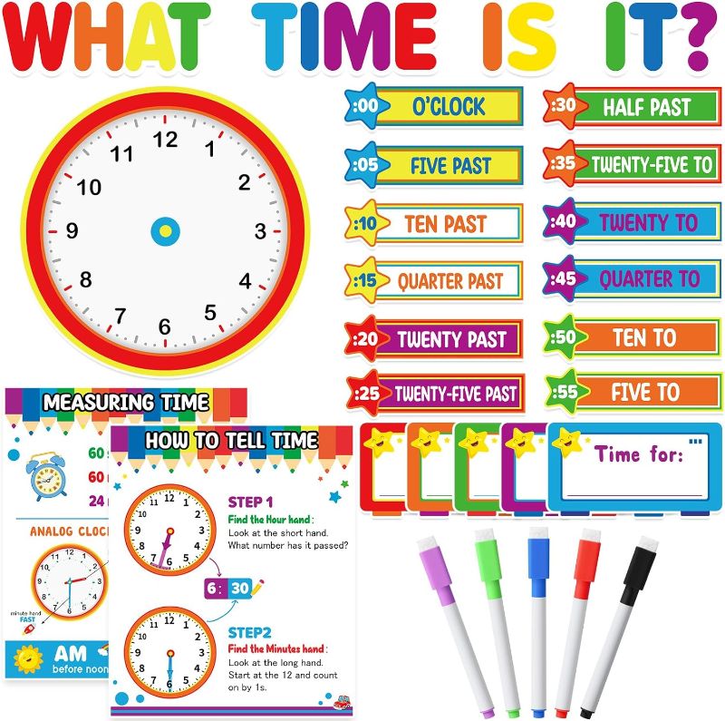 Photo 1 of Seajan 29 Pieces Telling Time Teaching Clock Bulletin Board Cutouts with 5 Colorful Erasable Marker Pen What Time is It Classroom Decorations for Kids Learning to Tell Time Clock Teaching Aid Set
