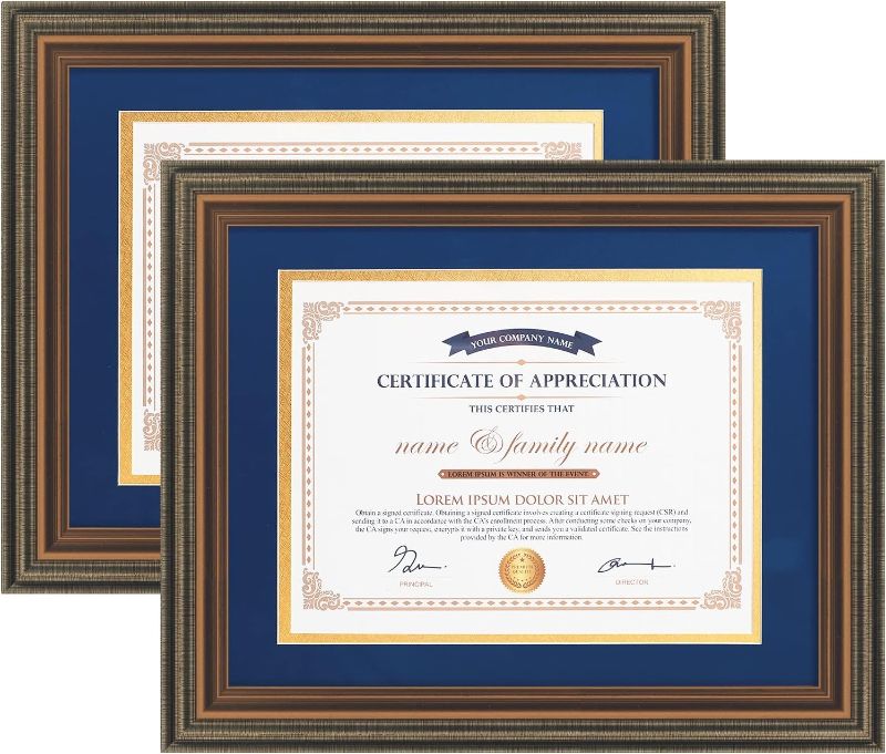 Photo 1 of 11x14 Picture Frames Certificate Document Frame with Tempered Glass Wood Grain Color Diploma Frames 8.5x11 with Blue Mat for Wall and Tabletop Brown 2 Pack