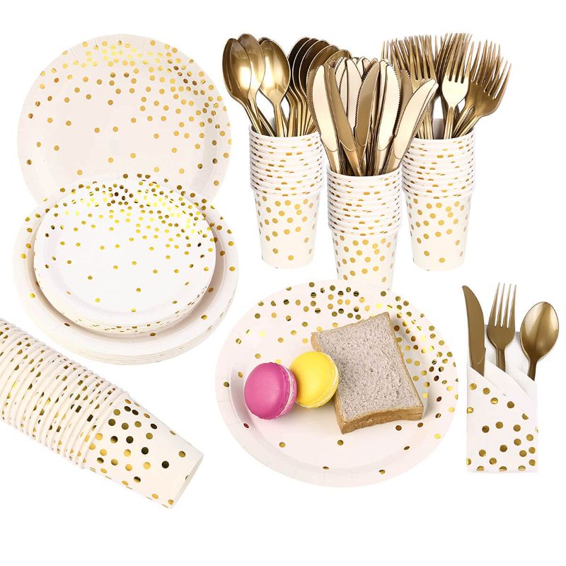 Photo 1 of 175 PCS White and Gold Party Supplies, Severs 25 Disposable Party Dinnerware, Gold Plastic Forks Knives Spoons and Gold Dot White Paper Plates, Napkins Cups Class of 2023 Graduation Party Decoration Gold 25 Sets