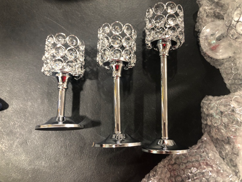 Photo 3 of 12 Pieces Crystal Candle Holders Set 3 Sizes Tall Crystal Wedding Candlestick Holders Pillar Candelabra Stand for Table Centerpieces for Christmas Party Wedding Dining Decoration (Silver) PLEASE READ COMMENTS..